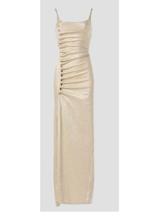 RABANNE Dresses & Skirts - New Rabanne Gold Shimmer Ruched Side Maxi Dress 36/4